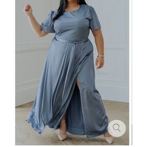 BALTICBORN  Agness Blue Satin Maxi Dress Puff Sleeve Size 2XL Elegant Dress